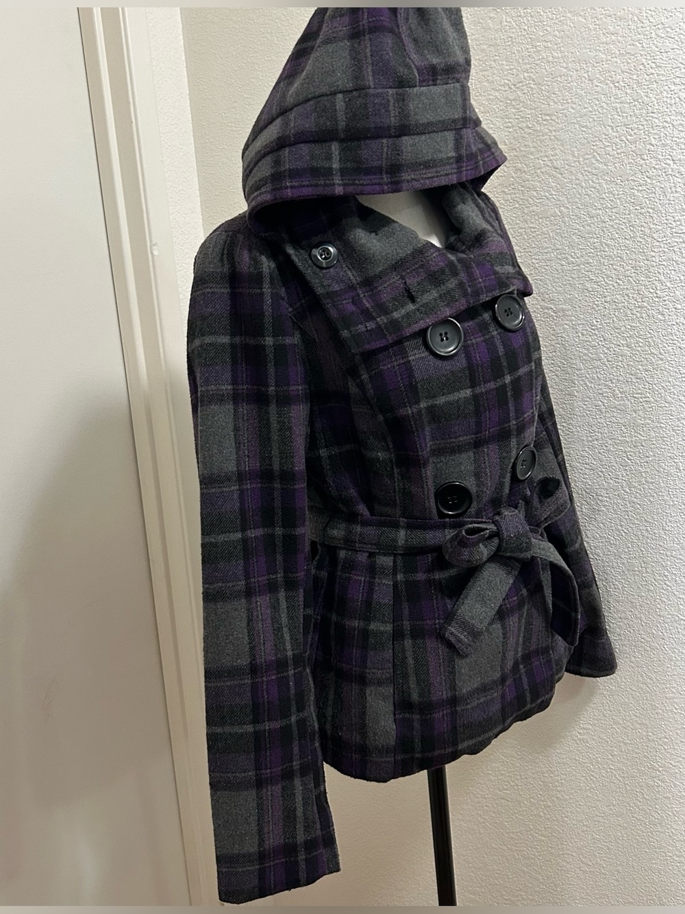 Y2K Dark Academia Goth Purple Plaid Hooded Pea Coat Wool Jacket Small Grunge - Picture 3 of 9